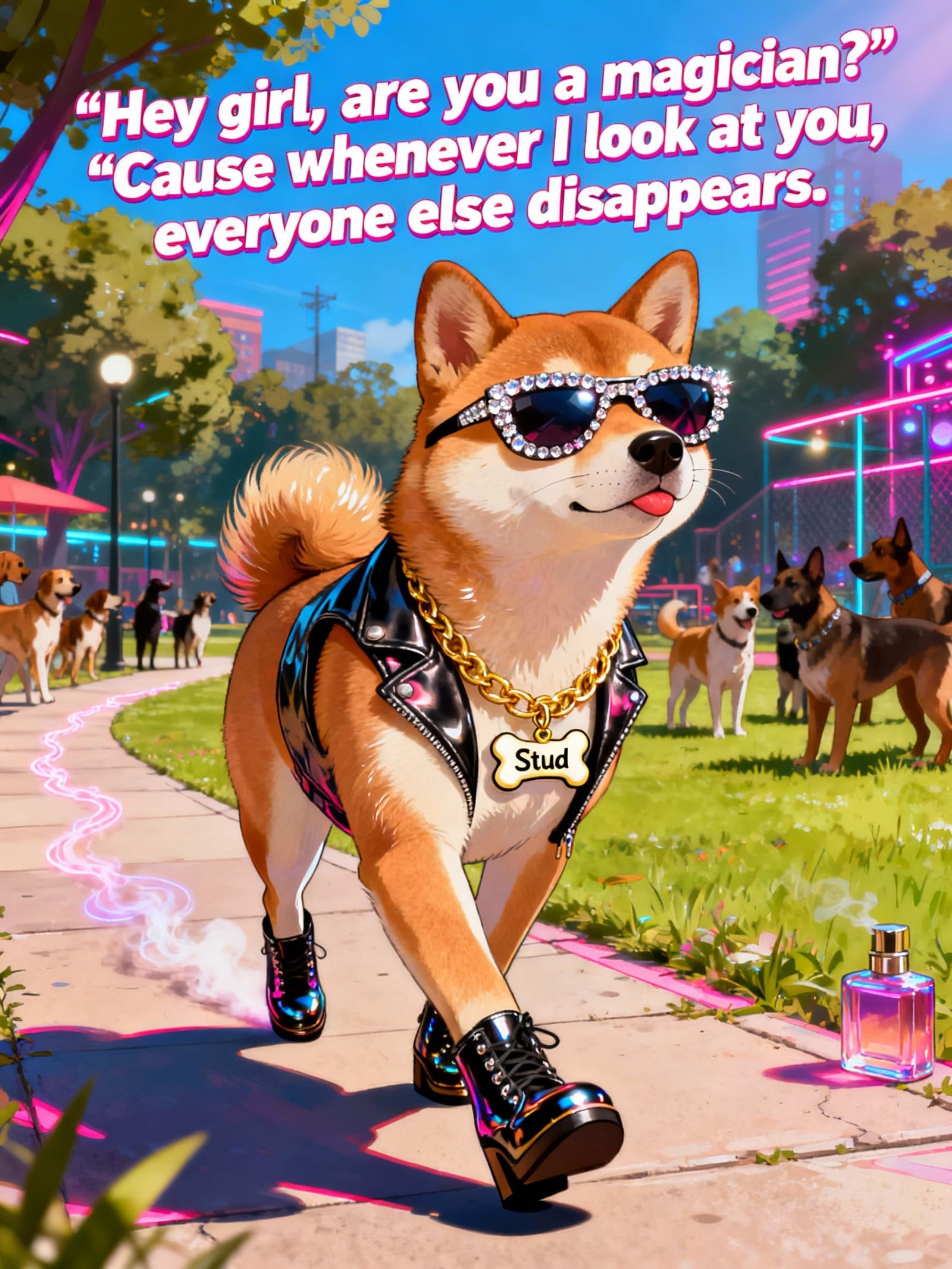 Smug Shiba Inu Struts in Faux Leather Vest