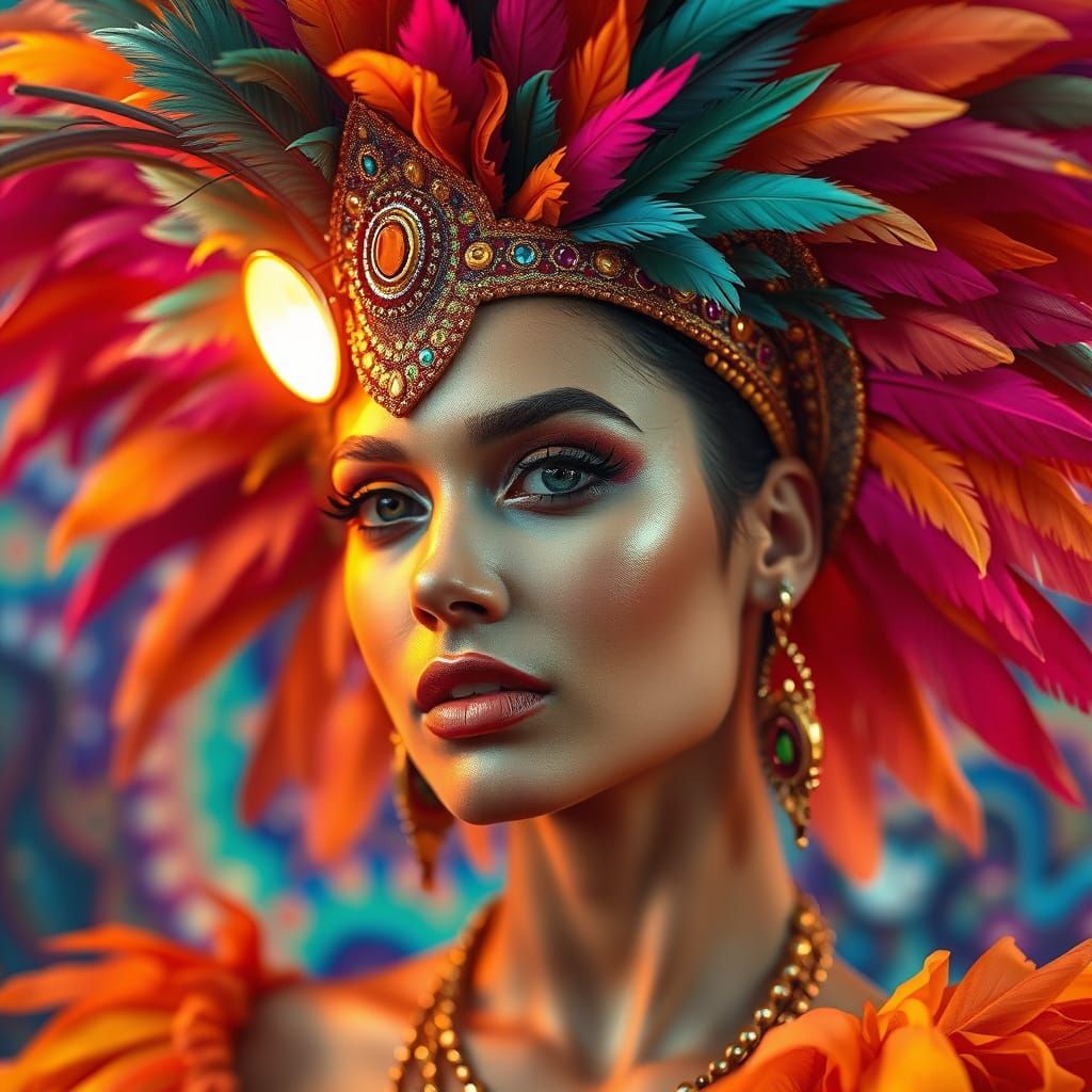 Vibrant Carnaval Queen in Kaleidoscopic Surroundings