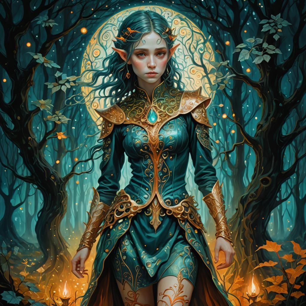 Mystical Elf Portrait in Klimt-Burton Style