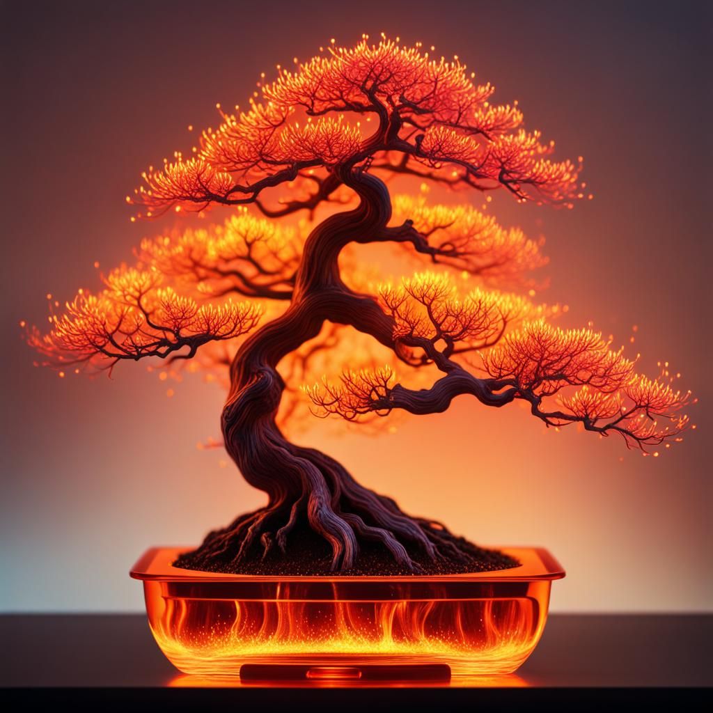 Fiery Bonsai Hologram in Digital Rain, 3D Render