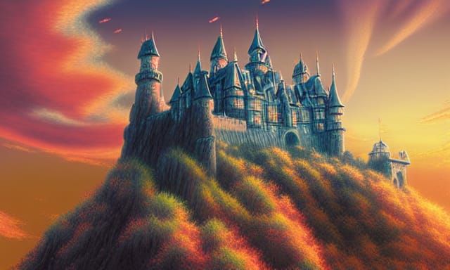Alien Stargate Castle Under Colorful Sunset Sky