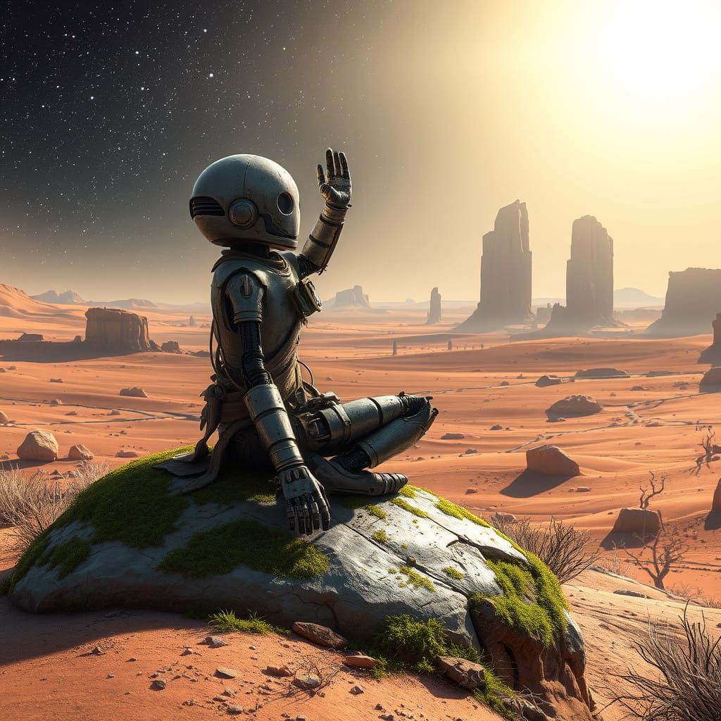 Sentient Robot Contemplates Starry Desert, Gritty Graffiti S...
