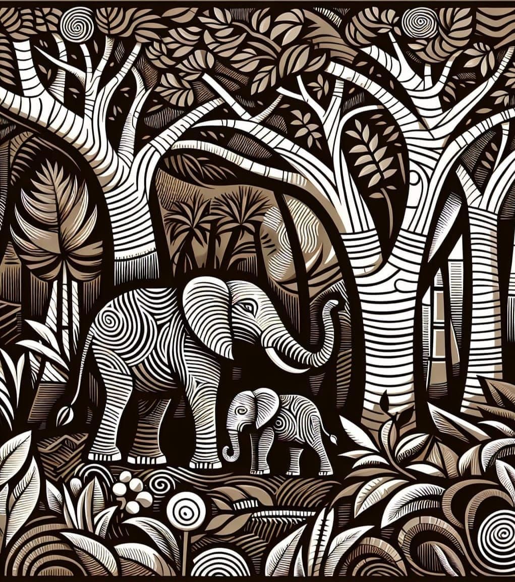 Elephant Mother and Child in Jungle, African Art Style