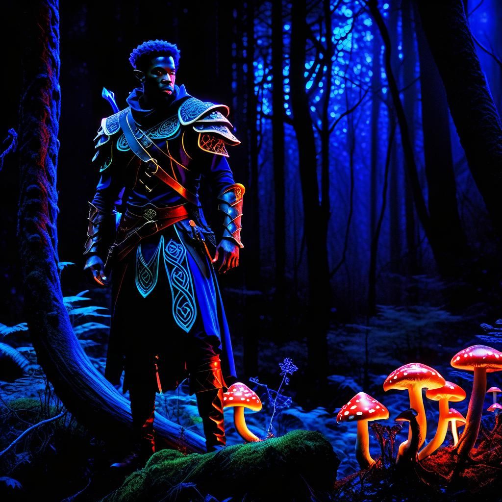 Wood Elf Ranger in Bioluminescent Forest, Baroque Style