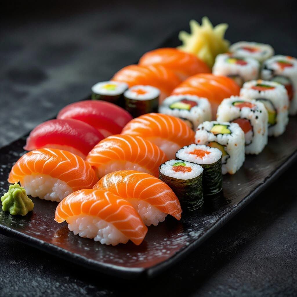 Glistening Sushi Platter in Food Magazine Style