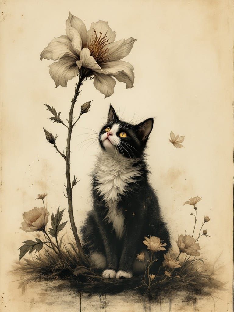 Victorian Gothic Cat in a Surrealist Garden