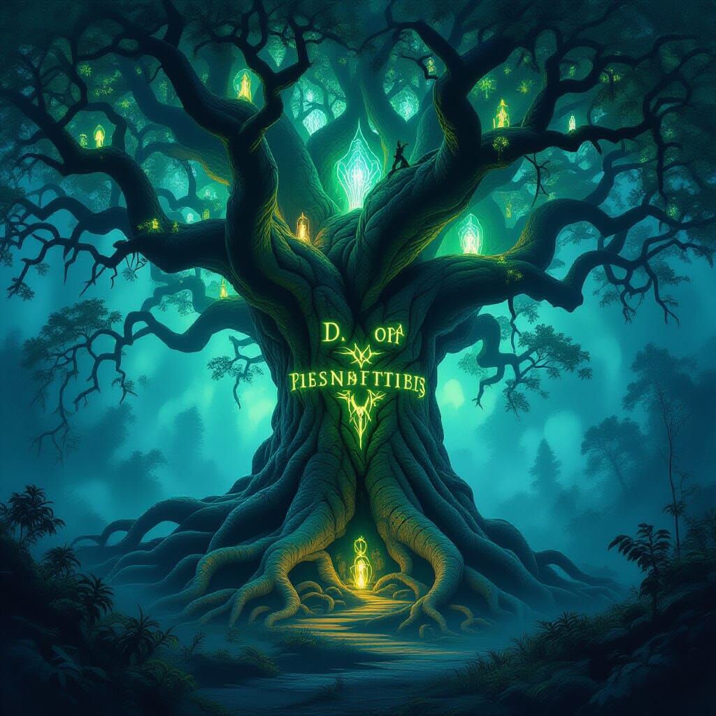 Ancient Rune Tree in Mystical Forest