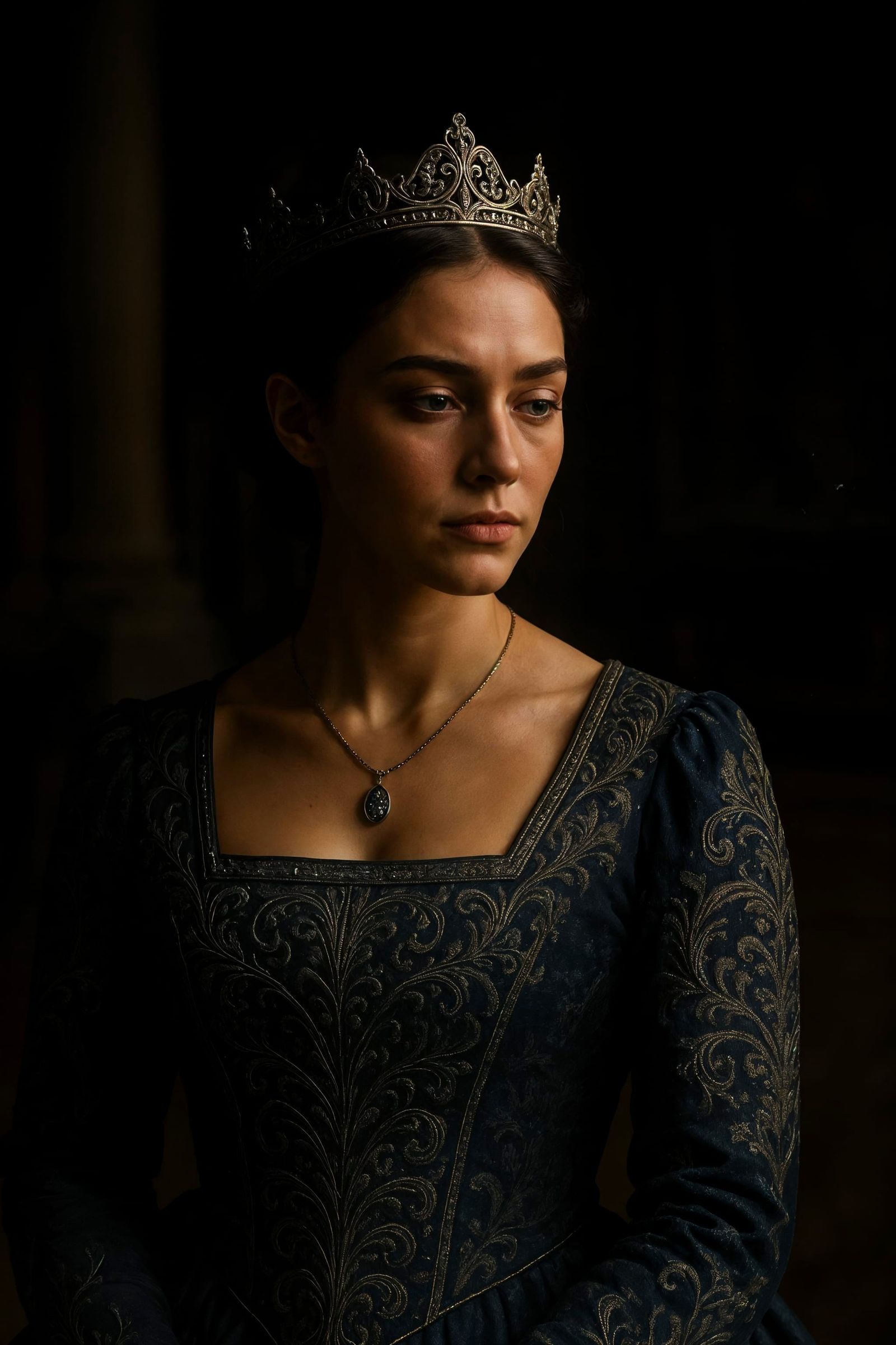 Elegant Queen in Dark Castle: Photorealistic 8K Portrait