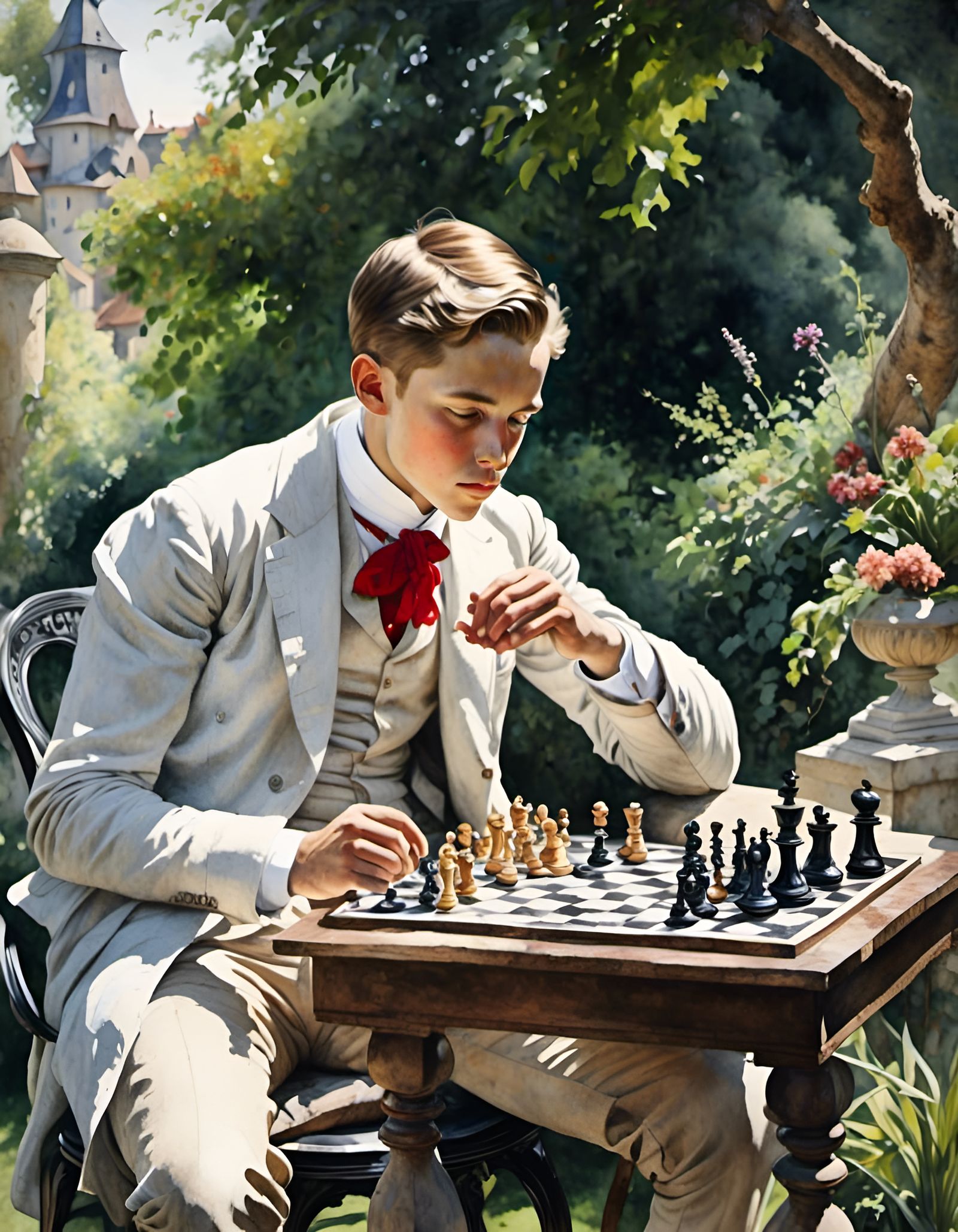 Watercolor Portrait: Young Fischer Playing Chess