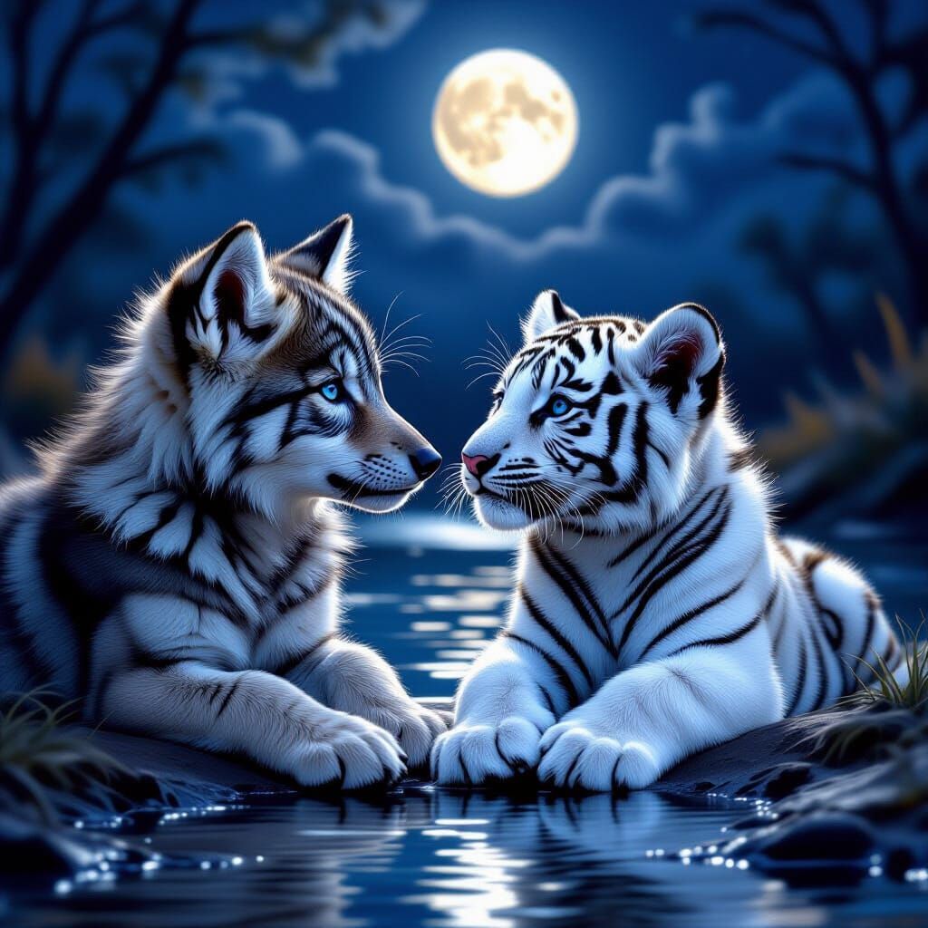 Wolf and Tiger Cubs Gaze at Moonlit River