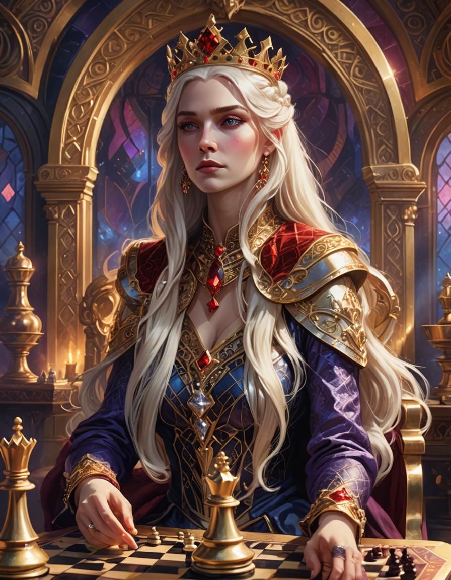 Fantasy Queen Plays Chess in Art Nouveau Style