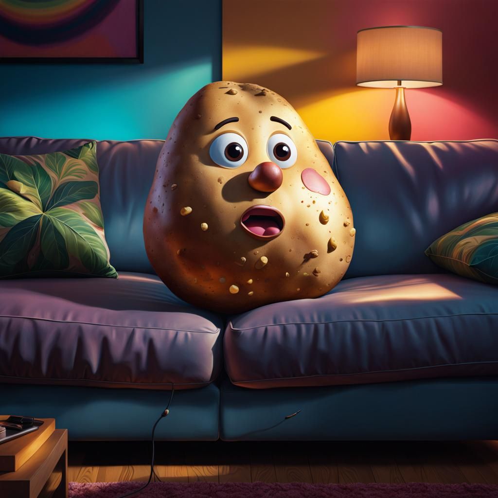 Hyperrealistic Potato Watches TV on Couch