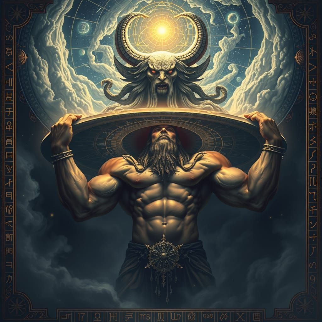 Ethereal Atlas Holds Flat Earth as Cosmos Swirls Above