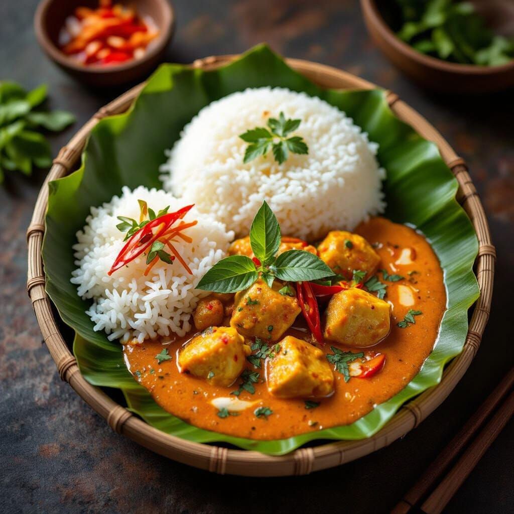 Thai Meal on Banana Leaf Plates in Warm Tones