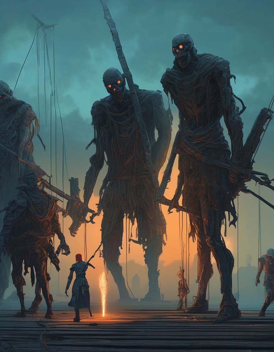 Fiery Warriors Battle Undead on Creaking Bridge in Dark Fant...