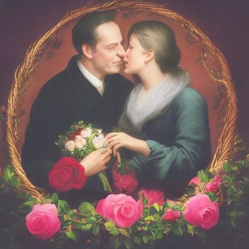 Romantic Couple Portrait with Roses and Hearts