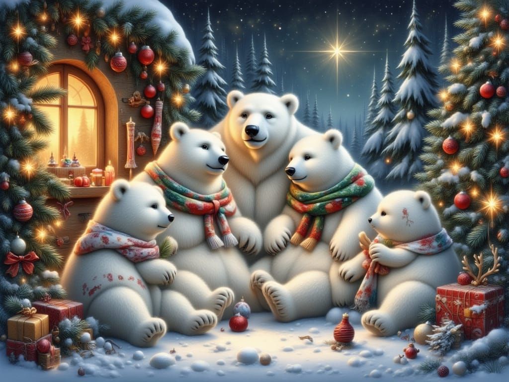Cozy Polar Bear Family in Festive Christmas Den