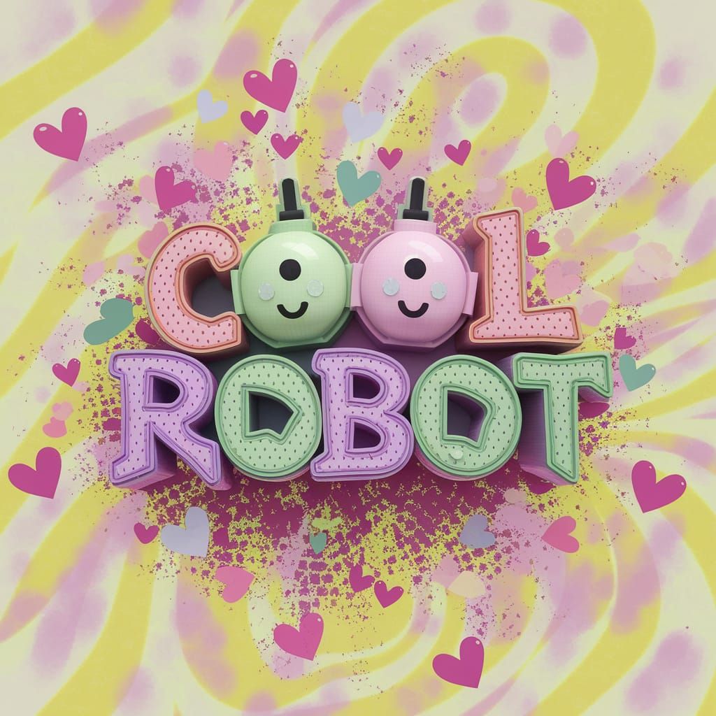 A cute PASTEL robot, pink, purple, and green, with 3d raised...