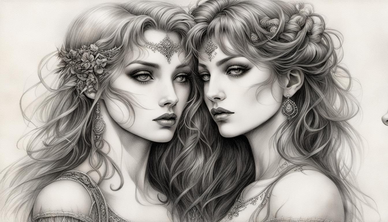 Luis Royo schematic cut of lesbian lovers:
two women are kissing each other in a drawing, lesbian art, lesbian kiss, sa...