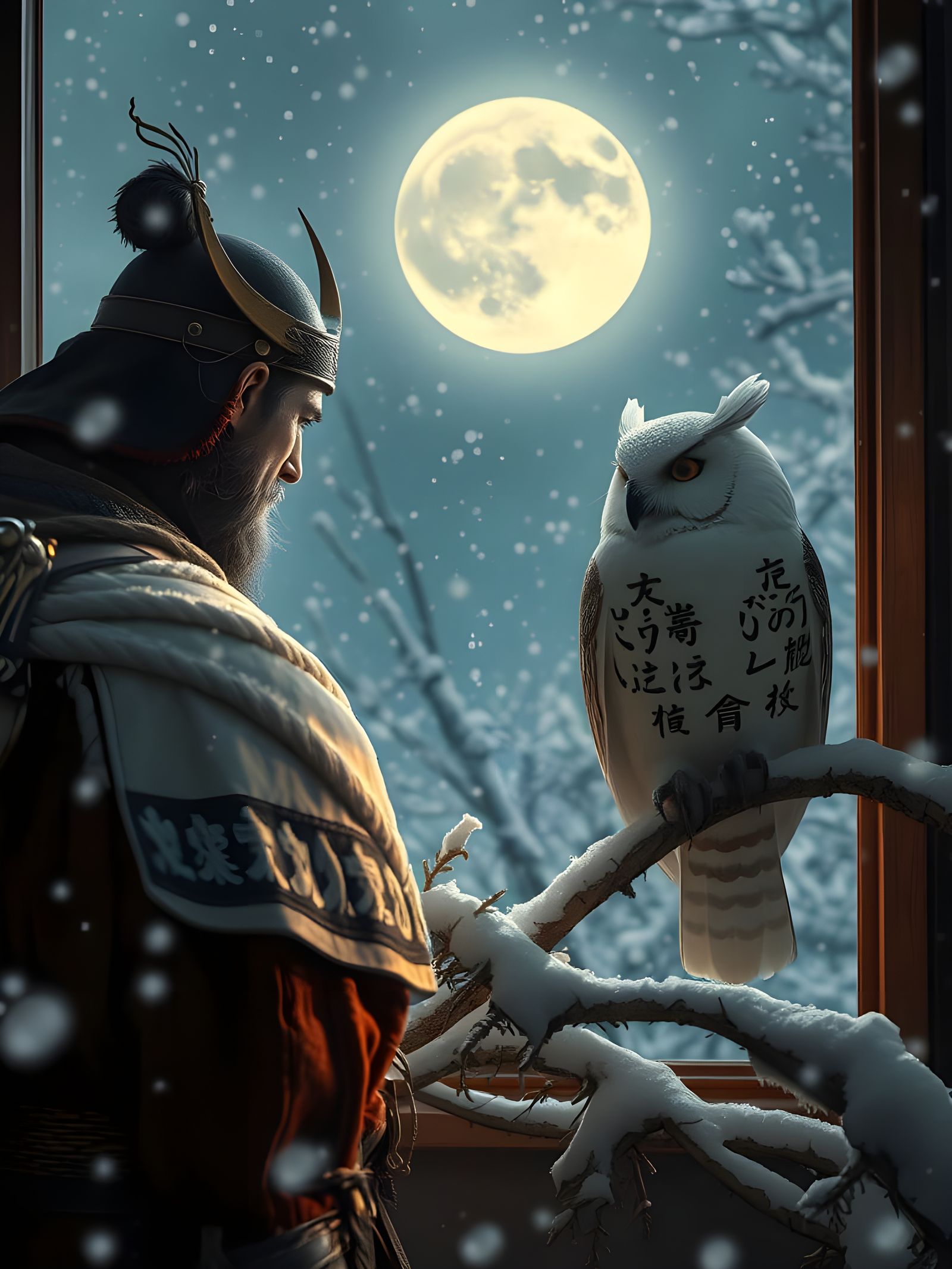Steampunk Samurai Poet Contemplates Snowy Owl in Moonlit Win...