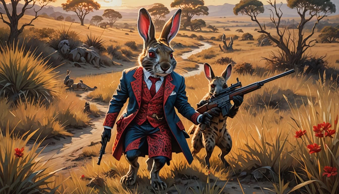 Rabbit Hunt: A Vibrant Anthropomorphic Oil Painting