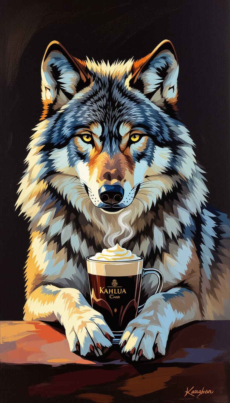 Shy Wolf Cradles Kahlua and Cream in Impressionist Style