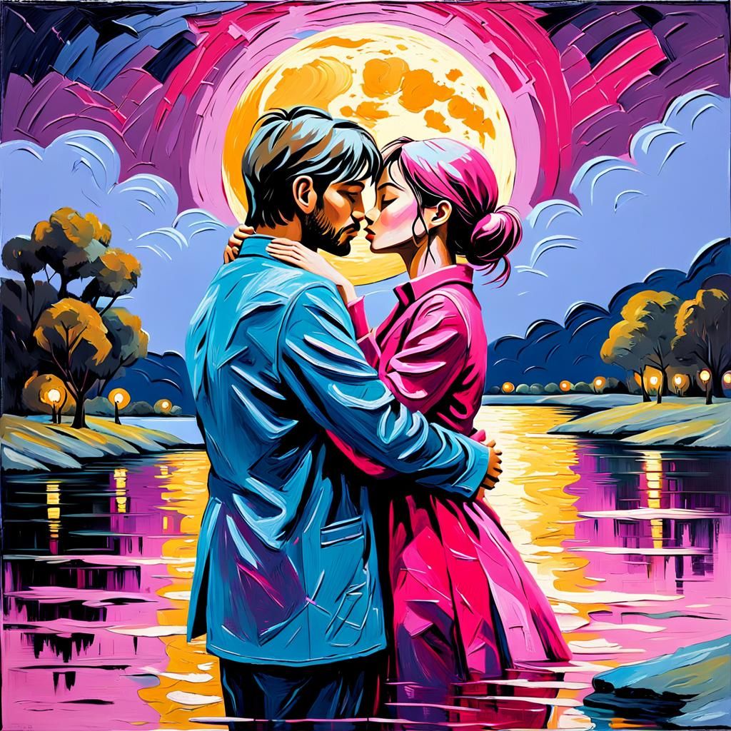 Romantic Kiss Under Pink Moon, Neo-Expressionist Impasto