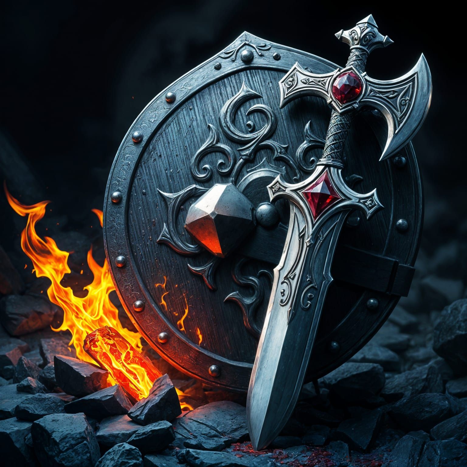 Epic Fantasy War Gear Beside a Blazing Hearth in a Detailed ...