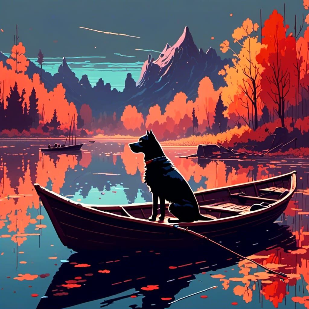 Dog in Boat: Autumn Digital Art Wallpaper