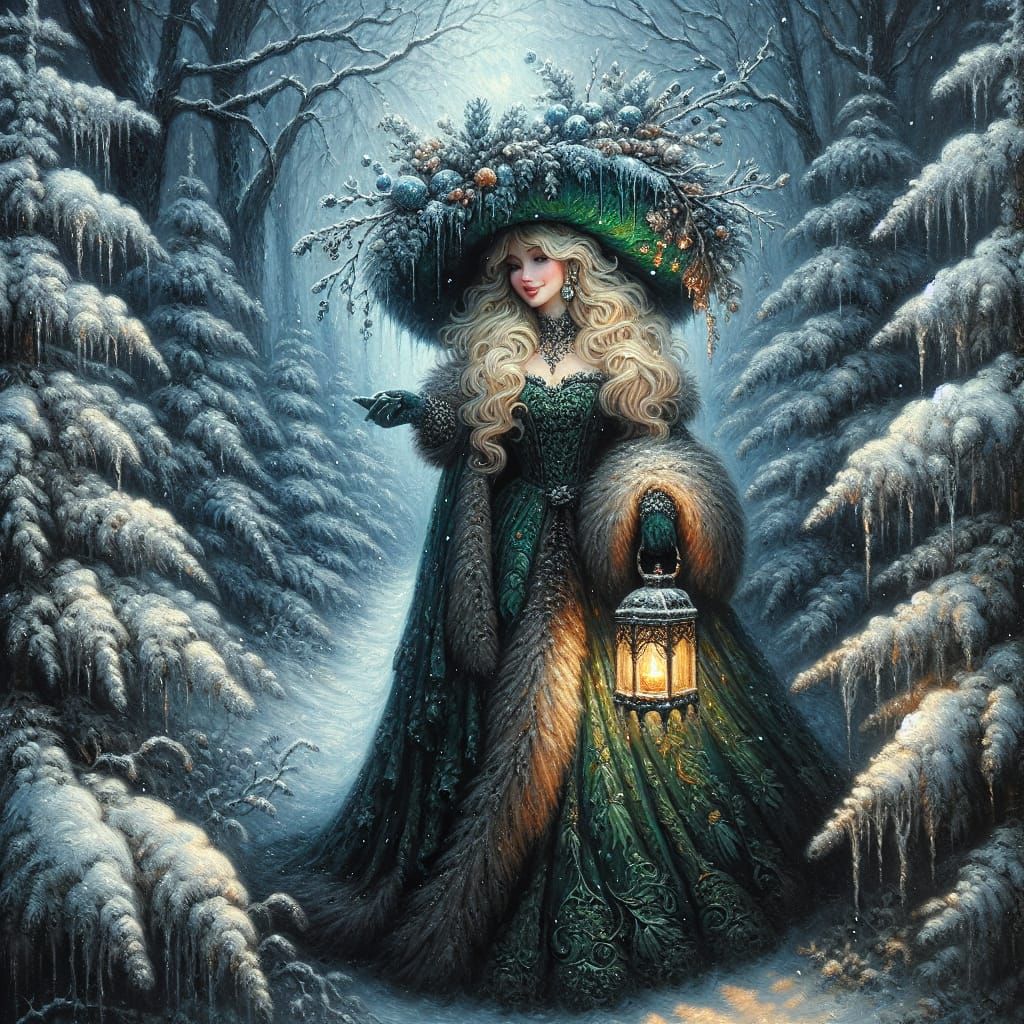 Ethereal Winter Forest Woman with Glowing Lantern in Impasto...