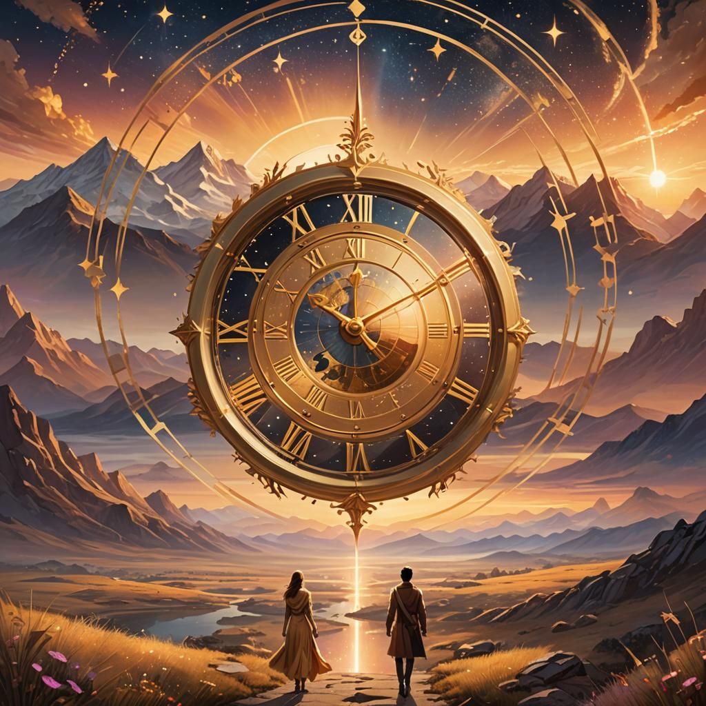 Golden Clock in Cosmic Landscape: Celestial Concept Art