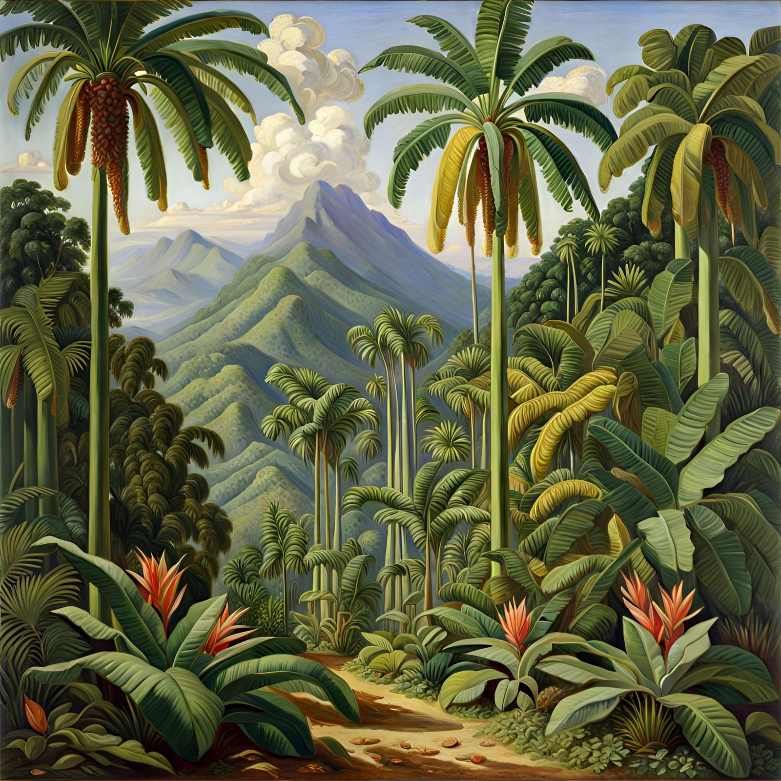 Lush Tropical Mountain Landscape Oil Painting