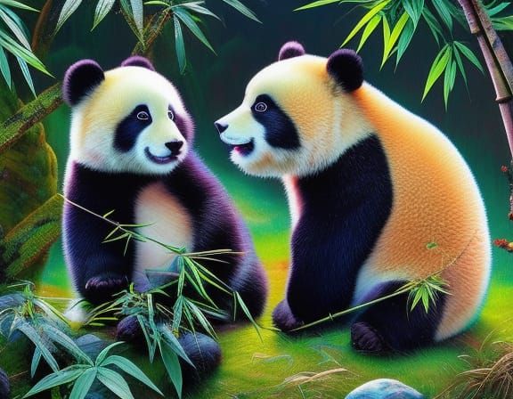 Playful Pandas in Bamboo Forest: Digital Art