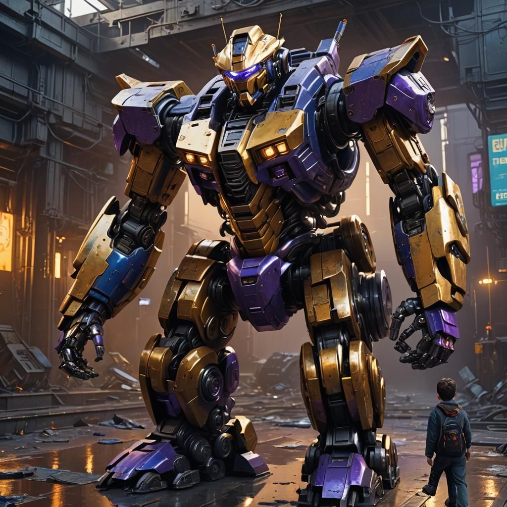 Boy Rides Mecha Robot in Oil Painting Style