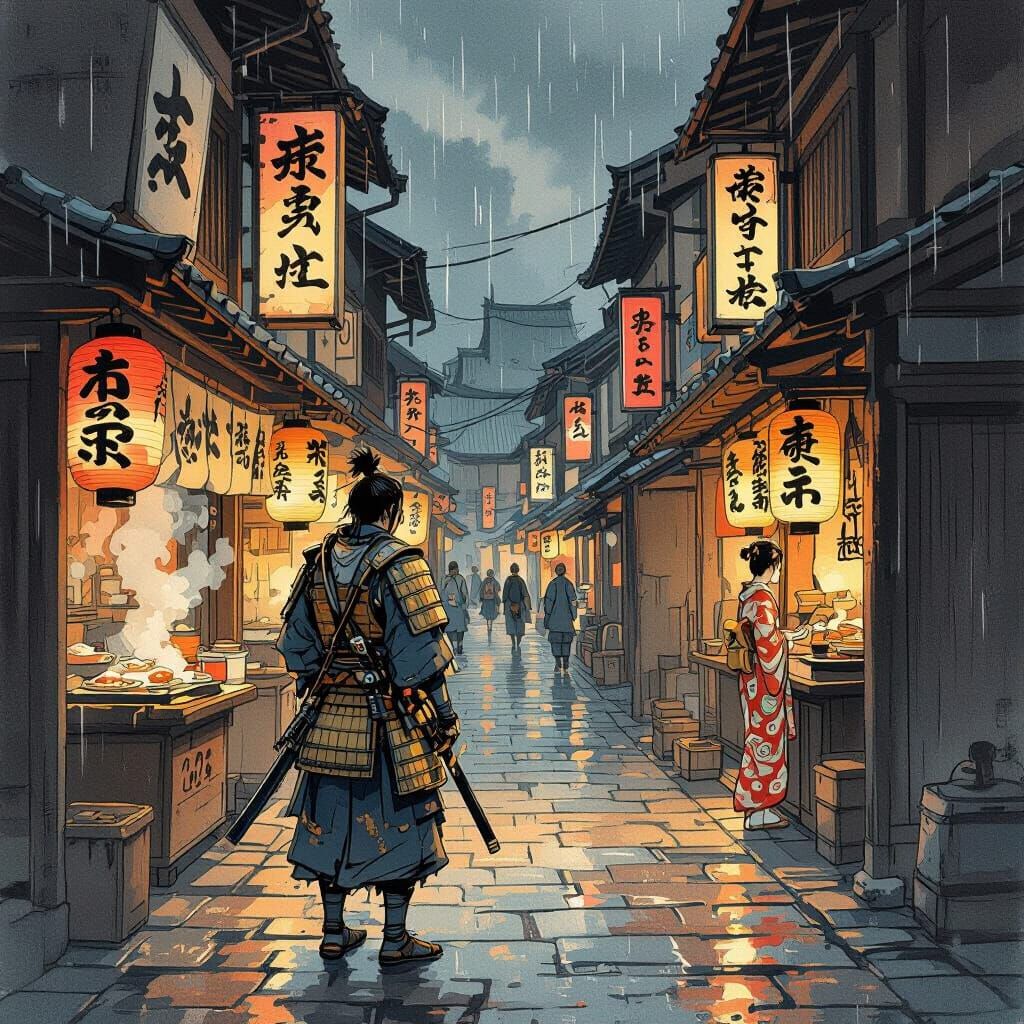 Samurai Warrior at Edo Tavern Entrance in Ukiyo-e Style