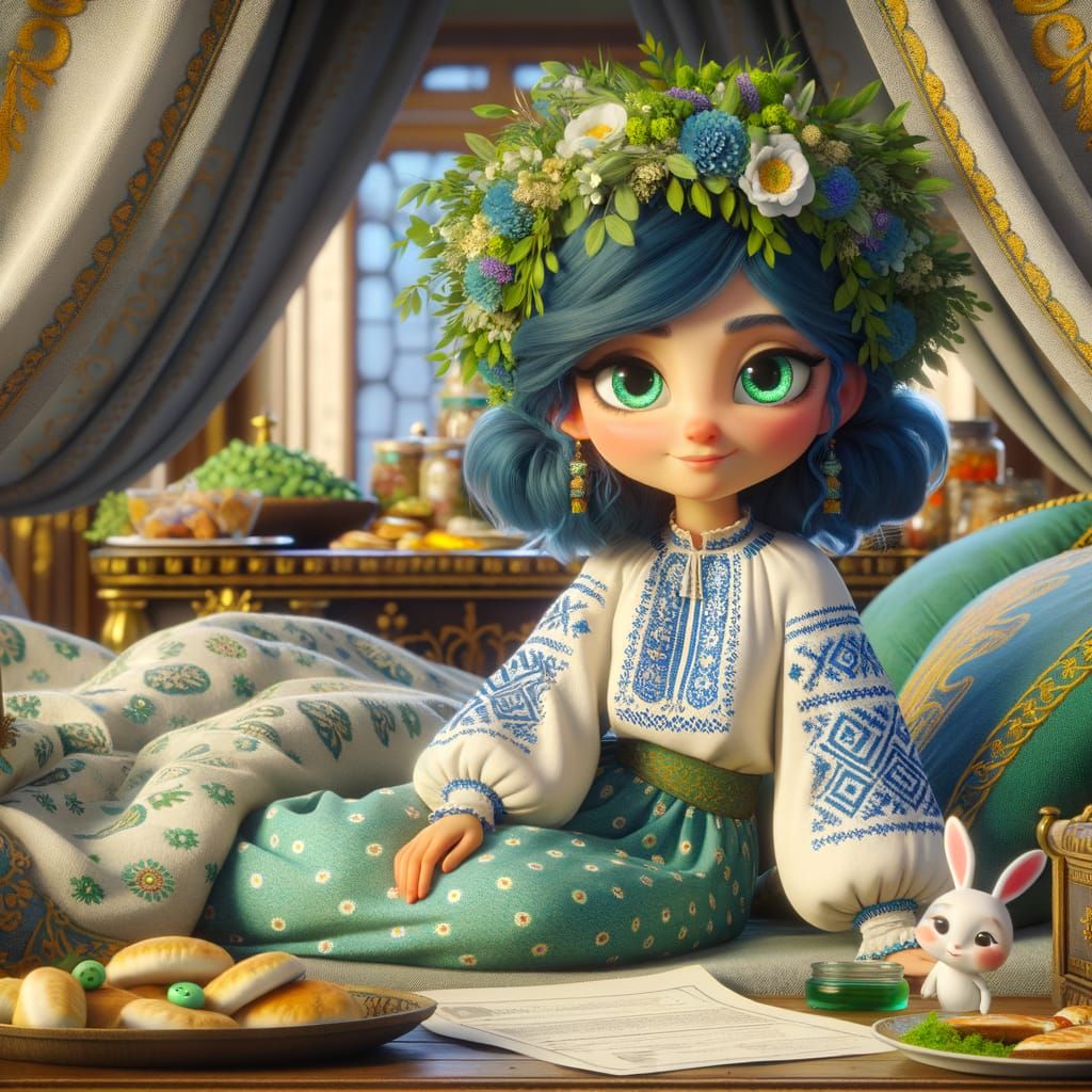 Blue-Haired Girl in Ukrainian Blouse with Flower Crown