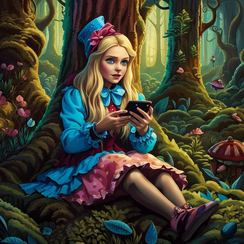 Aged Alice in Wonderland with Smartphone