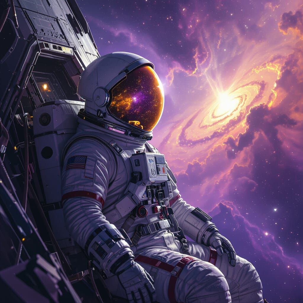 Astronaut Adrift Among Purple and Gold Nebulae