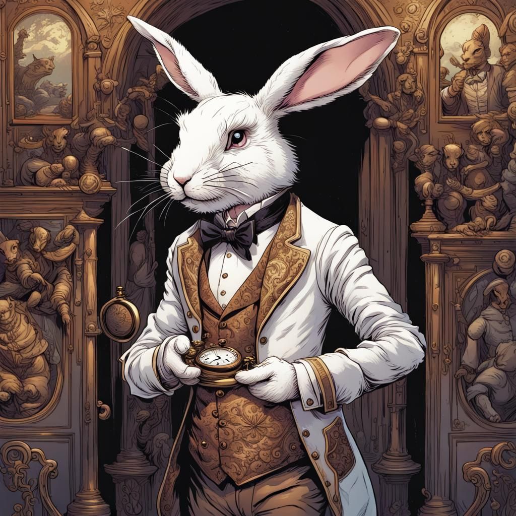Victorian Rabbit Obsessed with Time, Comic Book Art