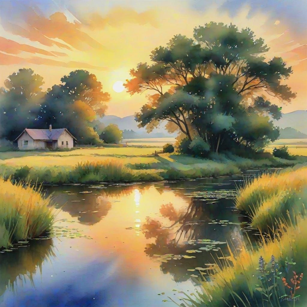 Watercolor Duck Swimming at Sunset