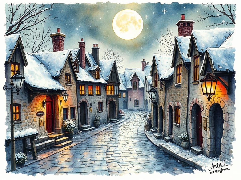 Snowy Village in Watercolor Ink Style