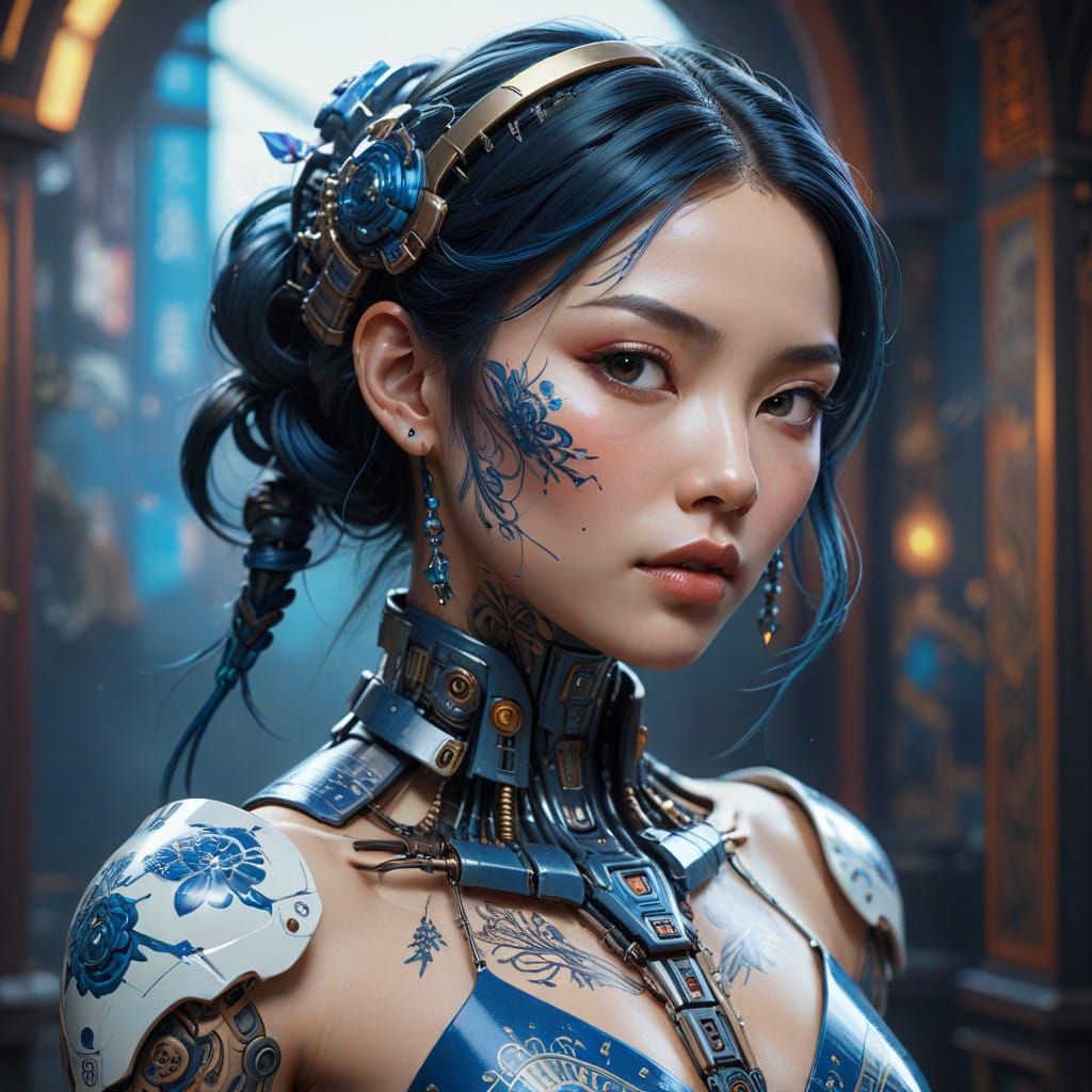 Cyberpunk Japanese Goddess Portrait in Triadic Colors