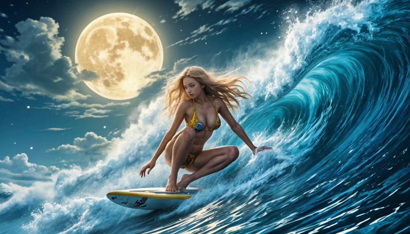 Surfer Rides Moonlit Wave in Superflat Style