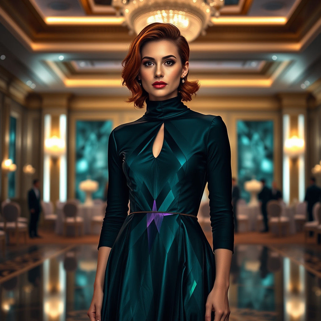 Woman in Crystalline Dress in a Grand Ballroom