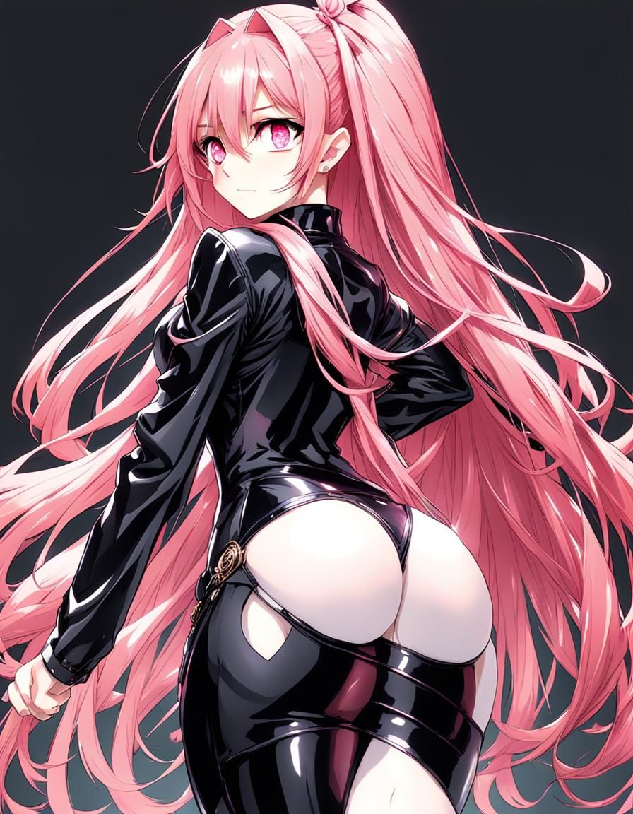 Anime girl, Pink long hair, big chest, perfect curvy bottom, from behind, she looks back to the viewer, sly look, big de...