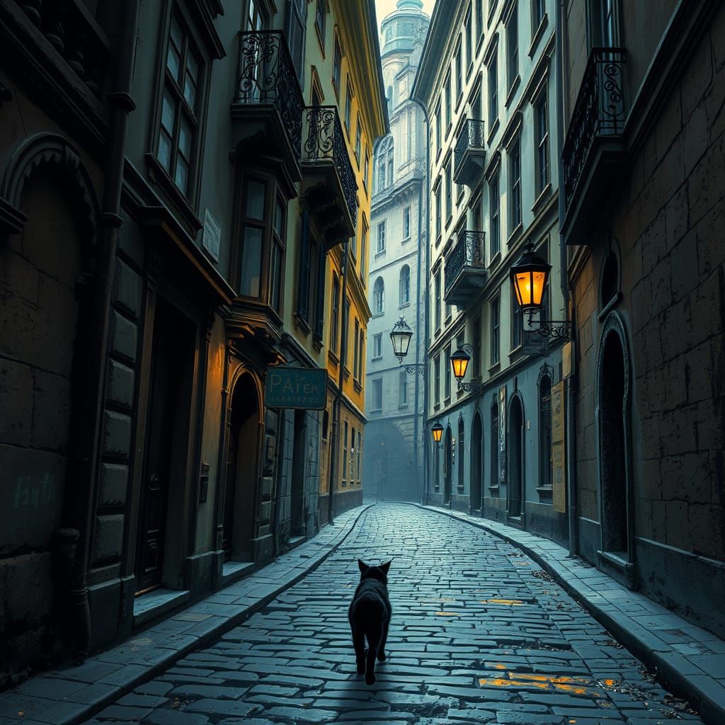 Prague Alley Cat in Dark Fantasy Style