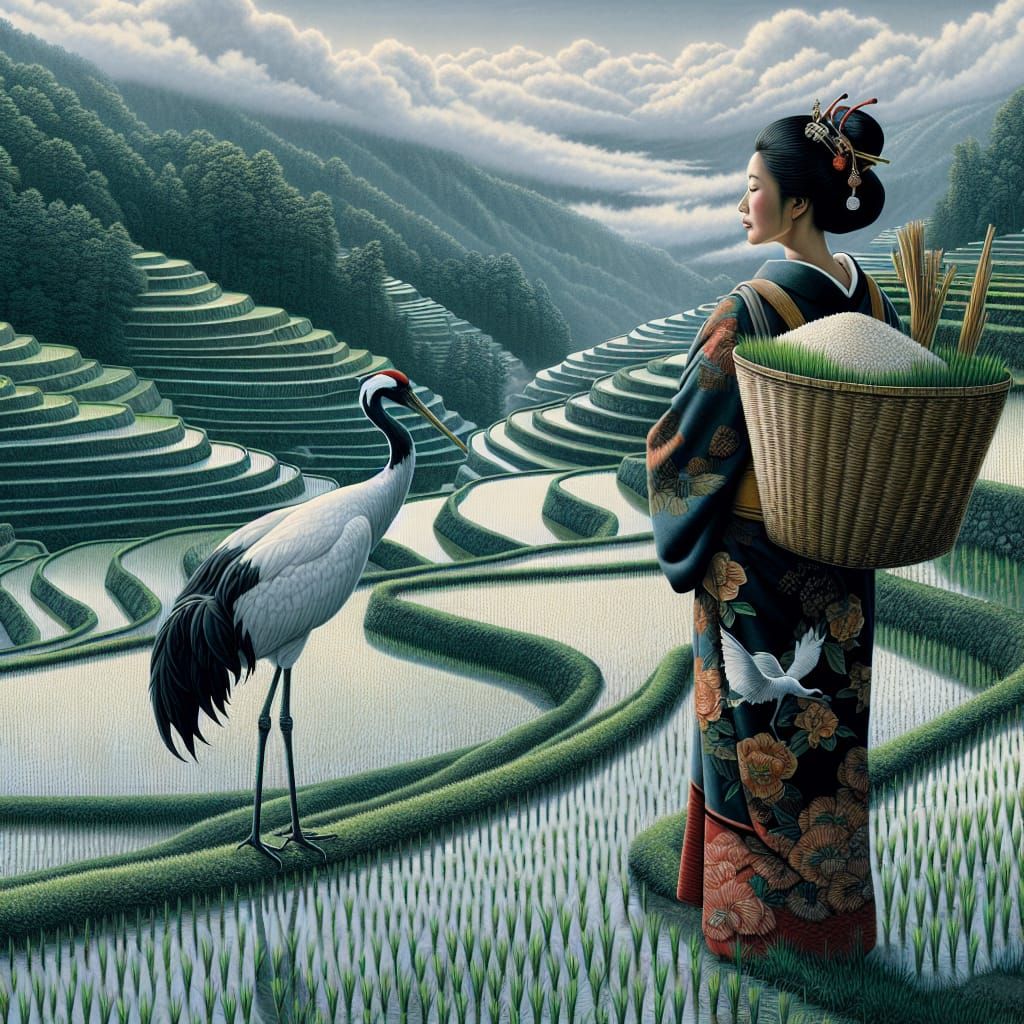 Terraced Rice Fields with Crane: Matte Painting