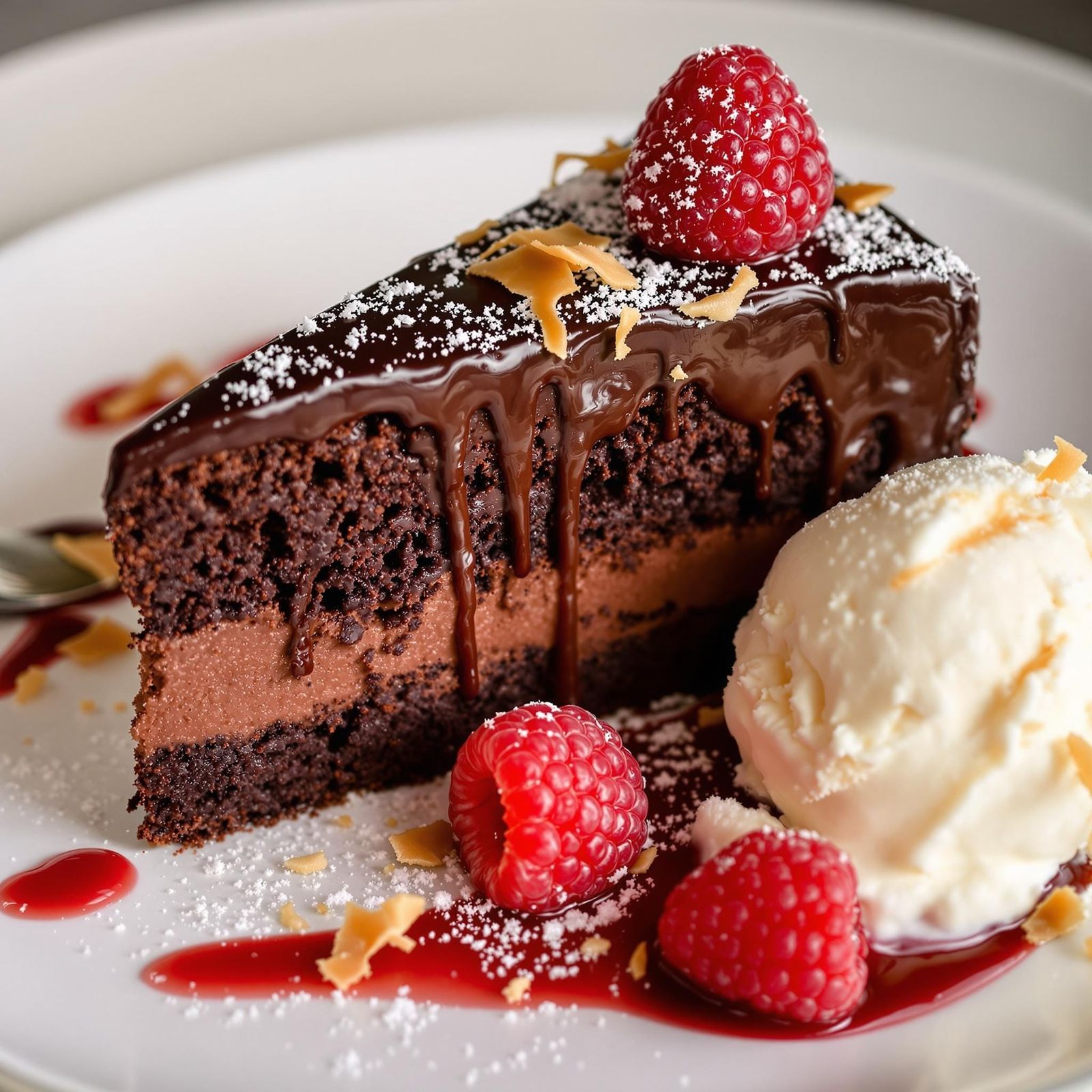 Decadent Chocolate Cake with Raspberry Coulis