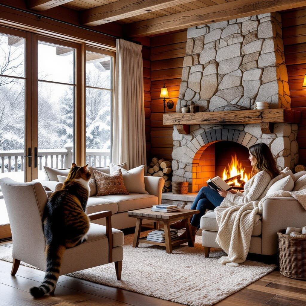 Cozy Interior Scene: Cat by Fireplace in Classic Oil Paintin...