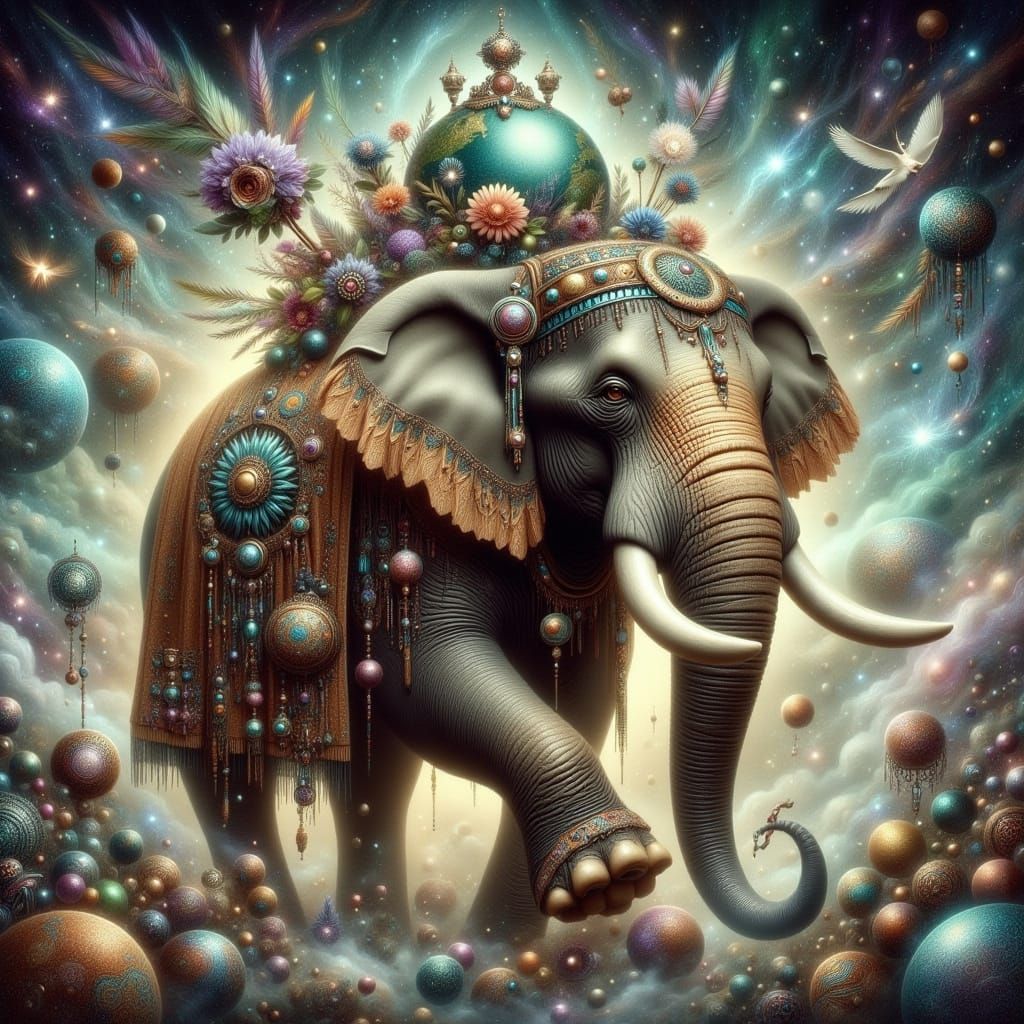 A Majestic Elephant Supports a Celestial World in a Whimsica...